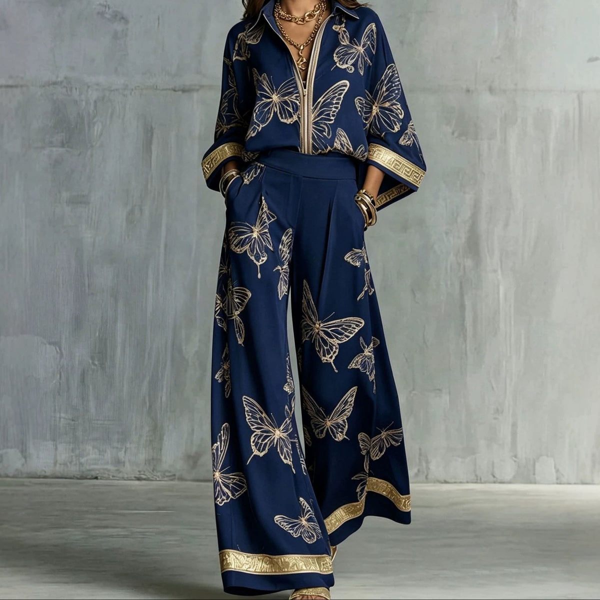 Boho Butterfly Print Two Piece Zip Up Top Wide Leg Pants