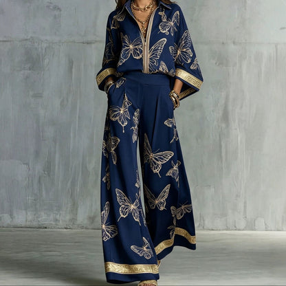 Boho Butterfly Print Two Piece Zip Up Top Wide Leg Pants