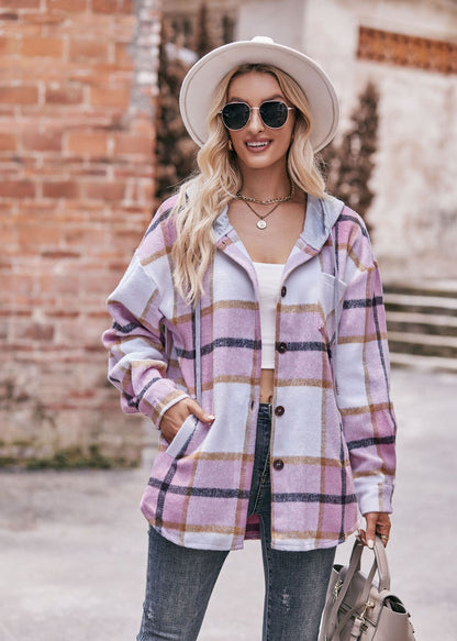 Plaid Hooded Shacket Jacket Oversized Fall Layering Coat
