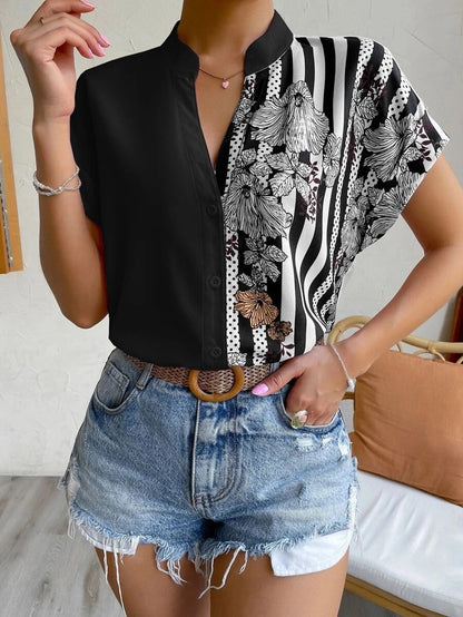 New Women’s Colorblock Floral Button Short Sleeve Cardigan