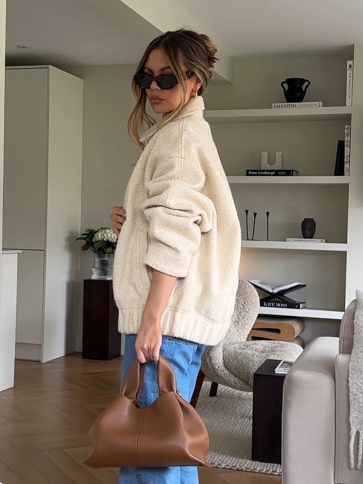 Women's Oversized Collared Sherpa Jacket Button Front