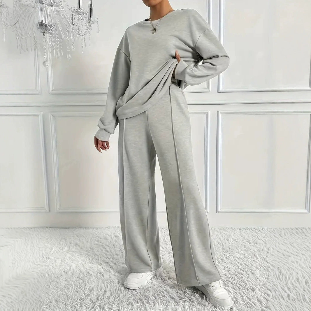 Women's Solid Crewneck Sweatshirt Wide Leg Pants Lounge Set