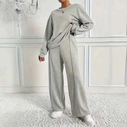 Women's Solid Crewneck Sweatshirt Wide Leg Pants Lounge Set