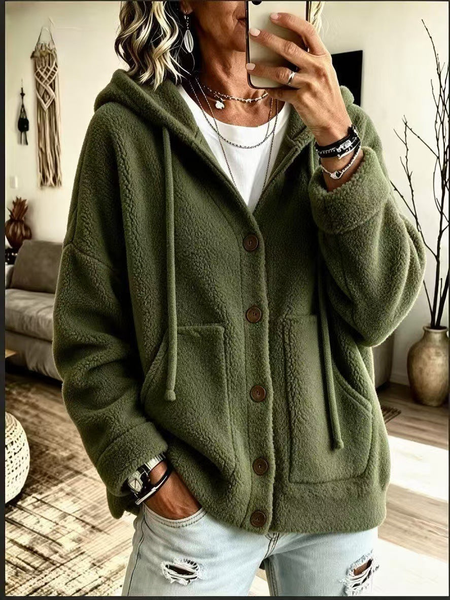 Women's Hooded Fleece Button Cardigan Jacket