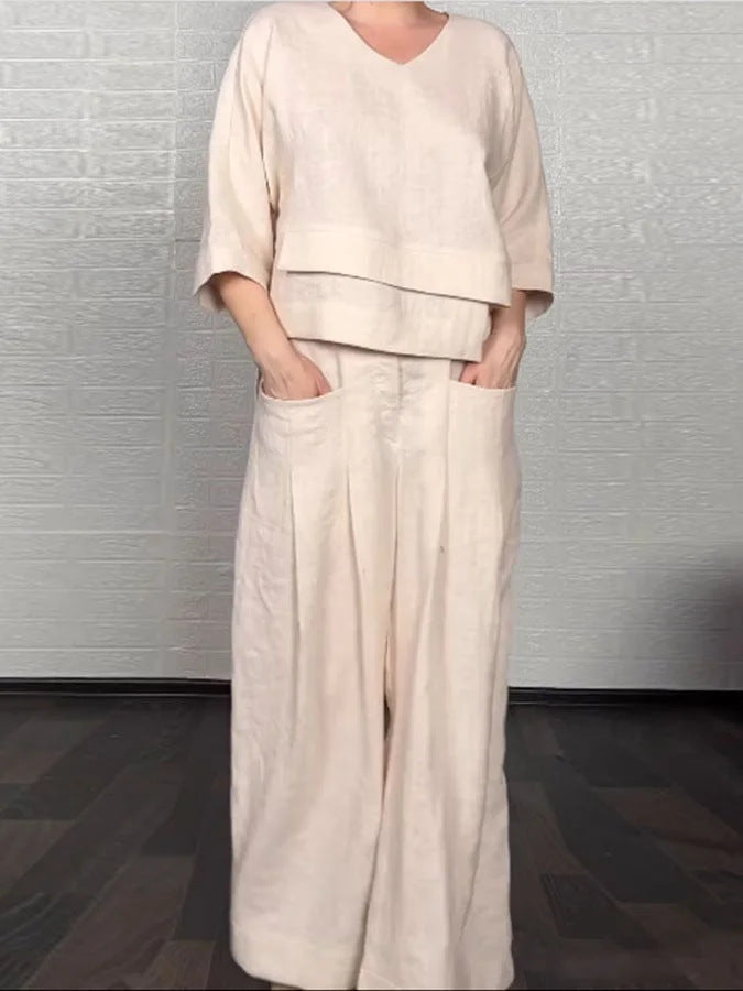 Plus Size Asymmetric Solid Matching Set Wide Leg Pants