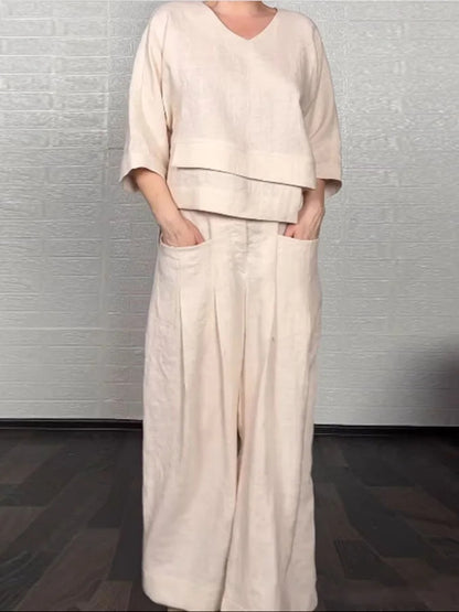Plus Size Asymmetric Solid Matching Set Wide Leg Pants