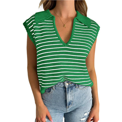 V-Neck Striped Knit Sweater, Casual Lapel Top