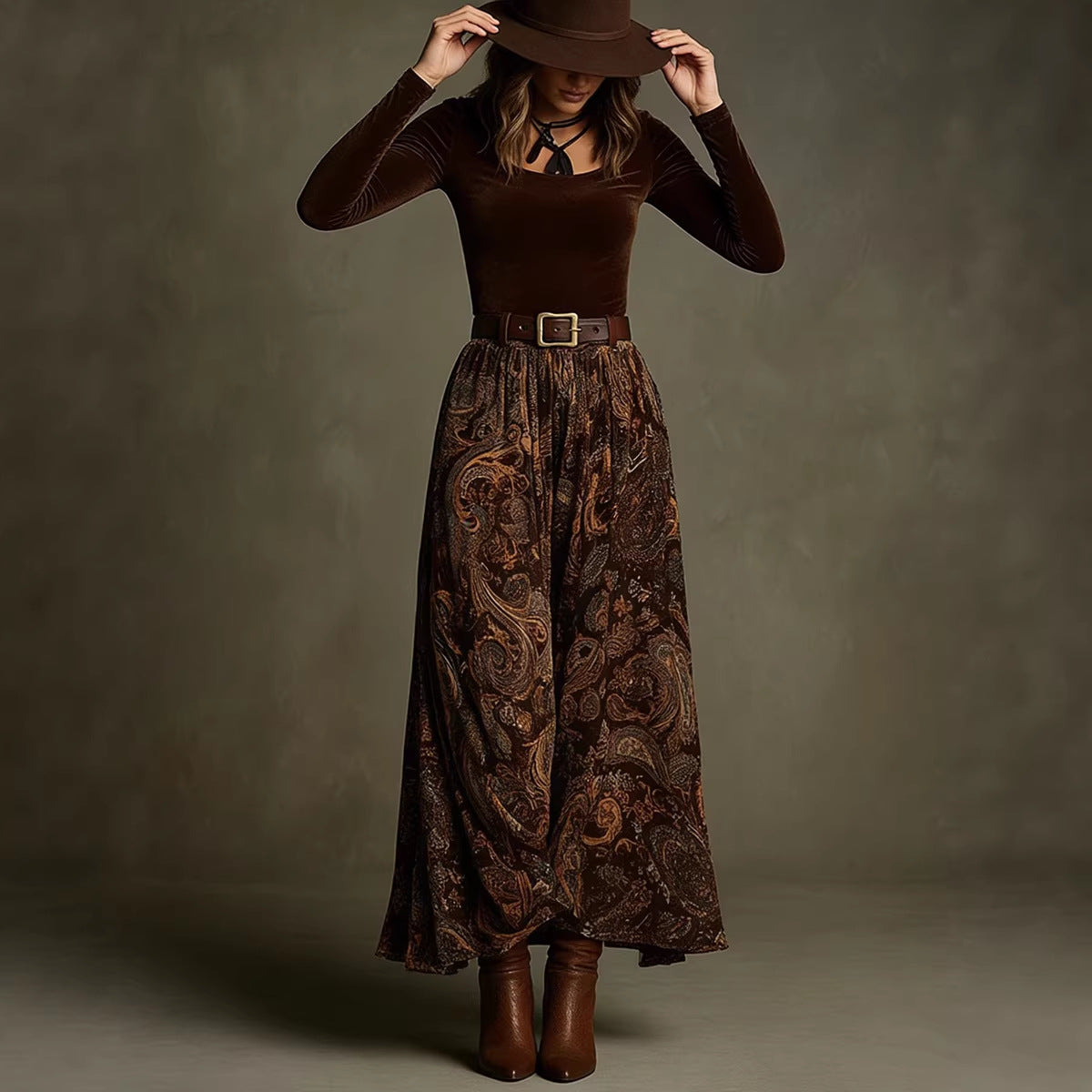 Boho Floral Maxi Skirt Two Piece Set with Belt