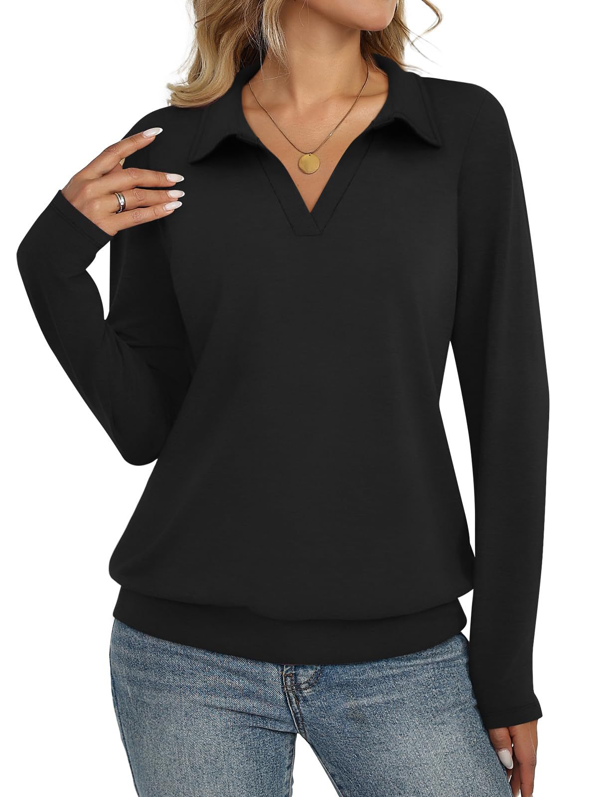 Women's Collared V Neck Long Sleeve Casual Knit Top