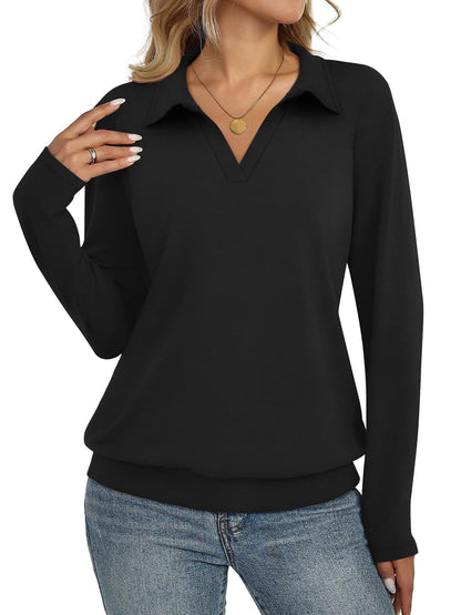 Women's Collared V Neck Long Sleeve Casual Knit Top