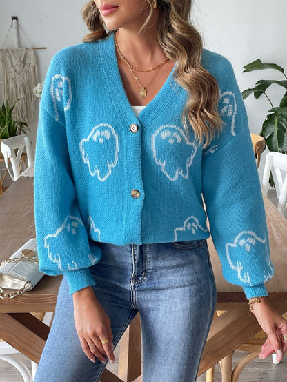 Halloween Ghost Print V-Neck Cardigan | Cozy Knit Sweater