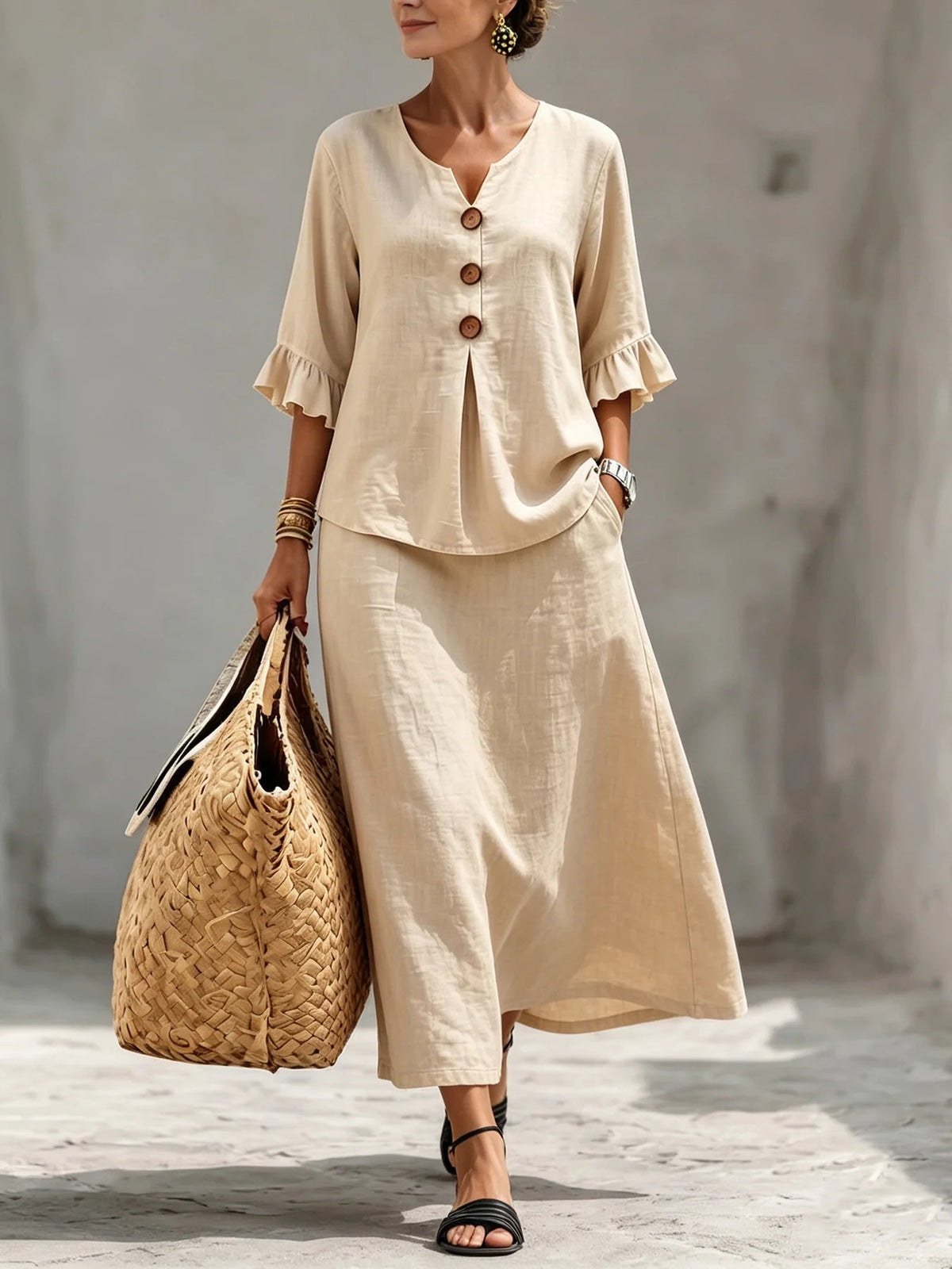 Boho Button Front Flounce Sleeve Top Midi Skirt Set