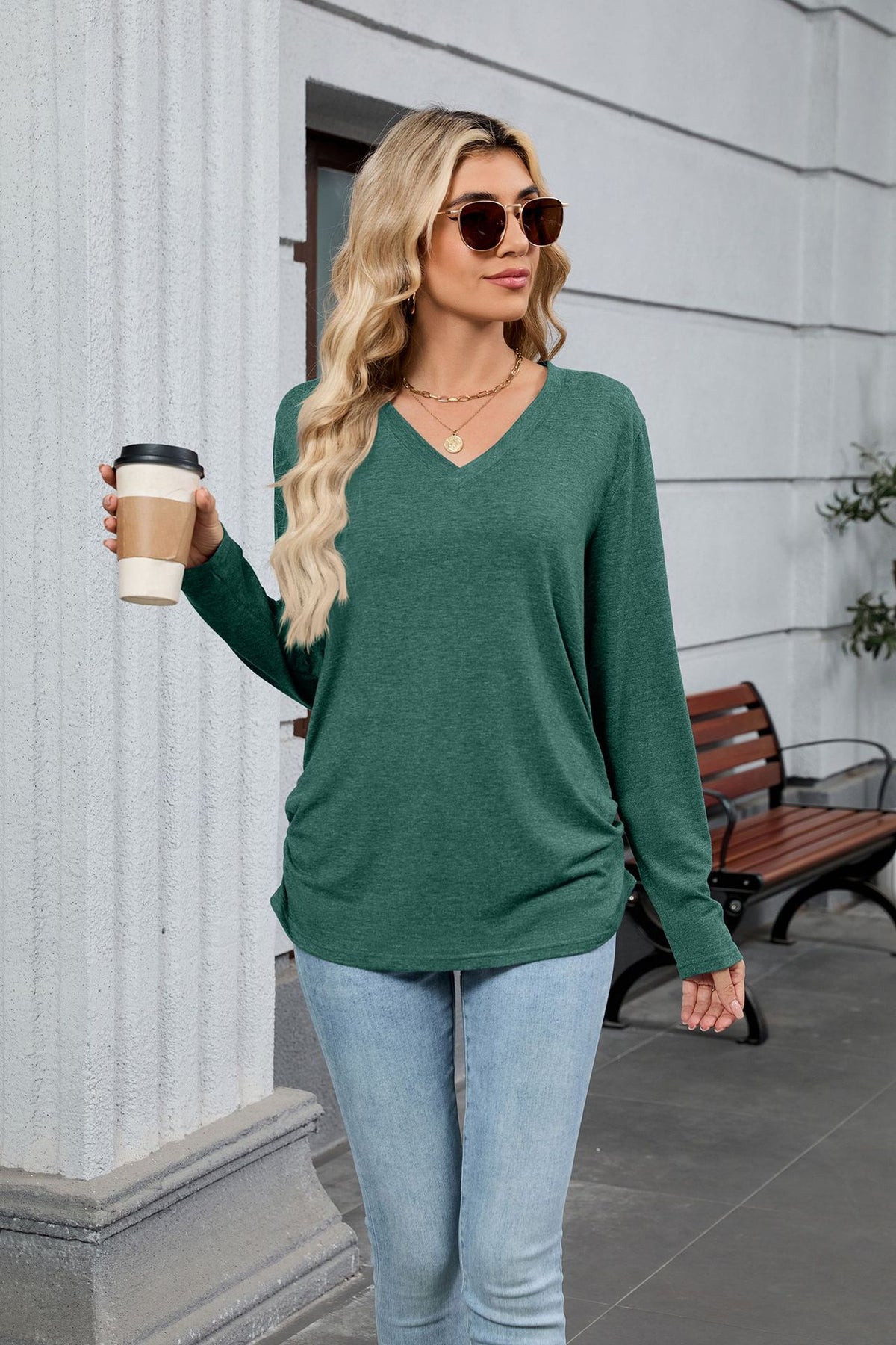 Women's V-Neck Long Sleeve Oversized Tunic Top Shirred