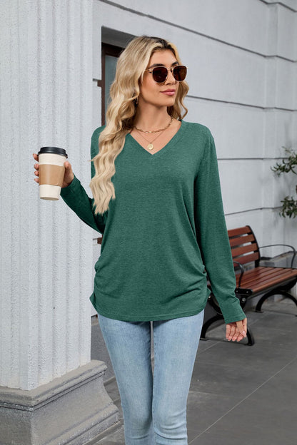 Women's V-Neck Long Sleeve Oversized Tunic Top Shirred