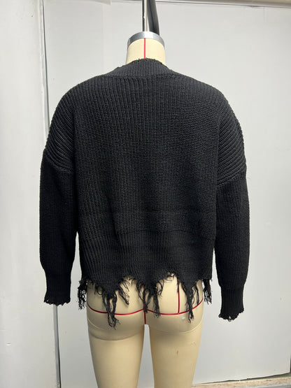 Women's Oversized V Neck Frayed Hem Knit Sweater