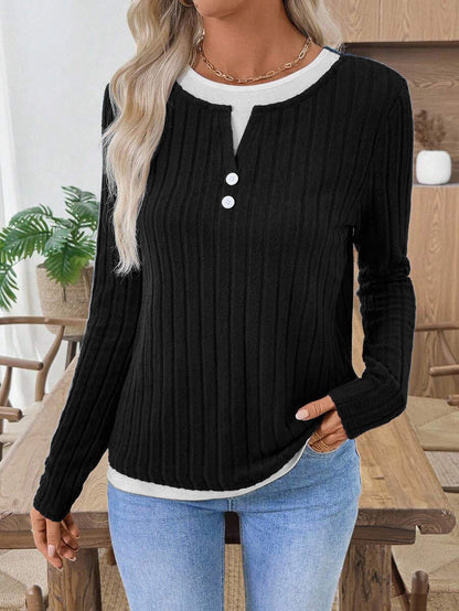 Ribbed Faux Layered Henley Long Sleeve Casual Top
