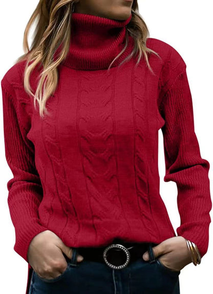 Women's Cable Knit Turtleneck Sweater Slim Fit Pullover