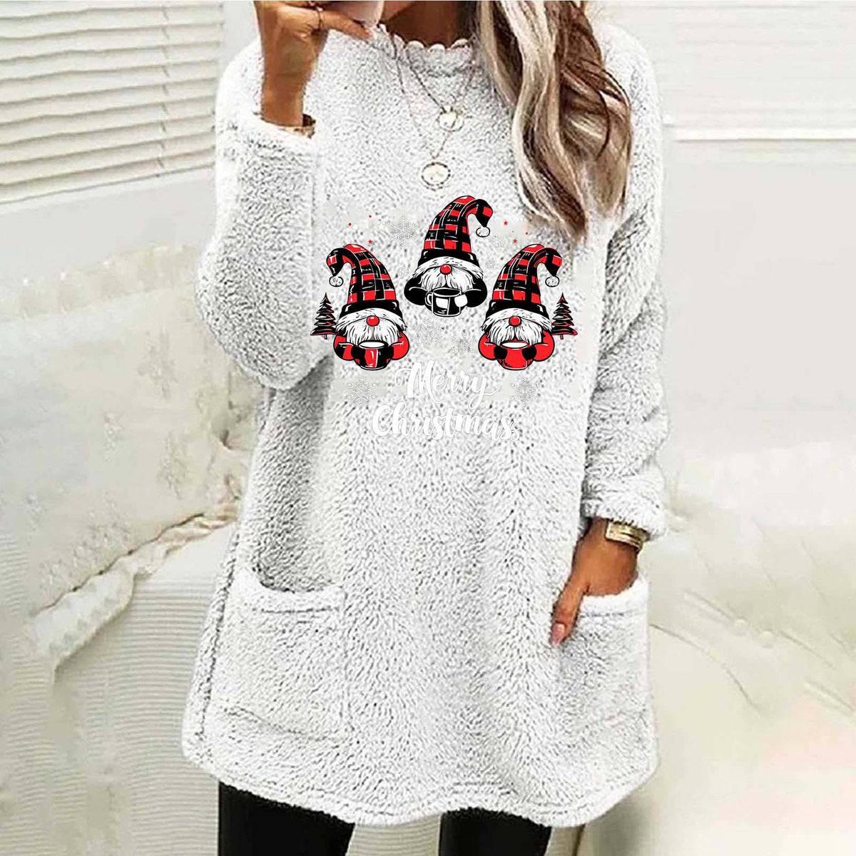 Womens Christmas Gnome Sherpa Tunic Sweatshirt