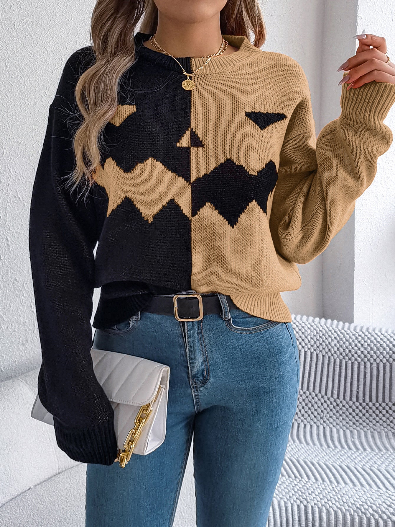Ghost Pumpkin Colorblock Long Sleeve Sweater for Fall & Halloween