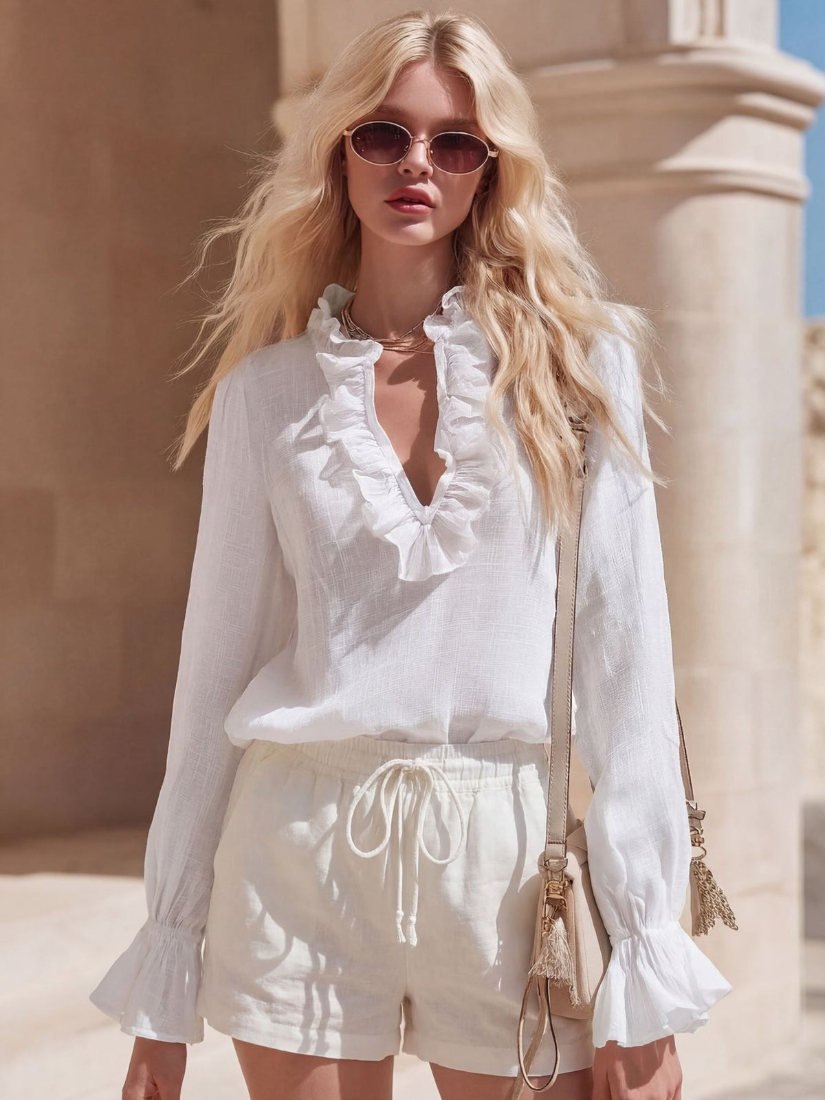 Women's Ruffle V Neck Blouse Bell Sleeve Chiffon Top