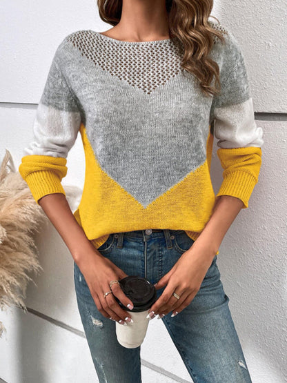 Women's Color Block Crochet Crew Neck Sweater