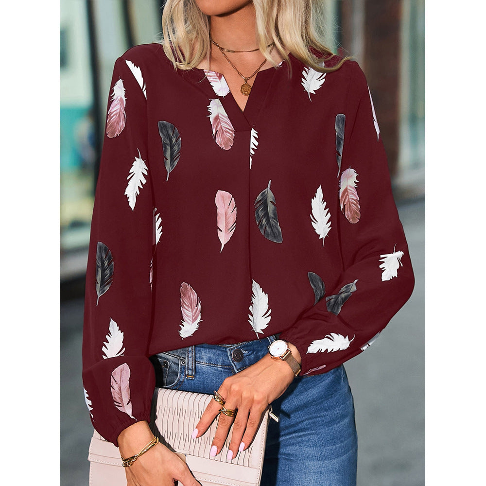 Feather Print V Neck Chiffon Blouse Long Sleeve Top