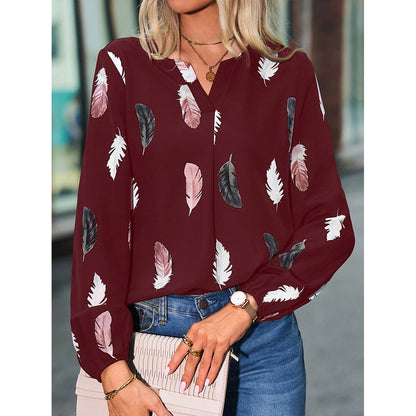 Feather Print V Neck Chiffon Blouse Long Sleeve Top