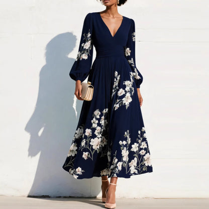 Floral V Neck Pleated Long Sleeve Maxi Dress