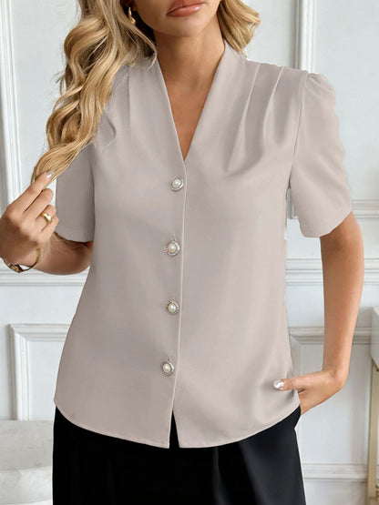 V Neck Button Front Business Casual Blouse Short Sleeve Top