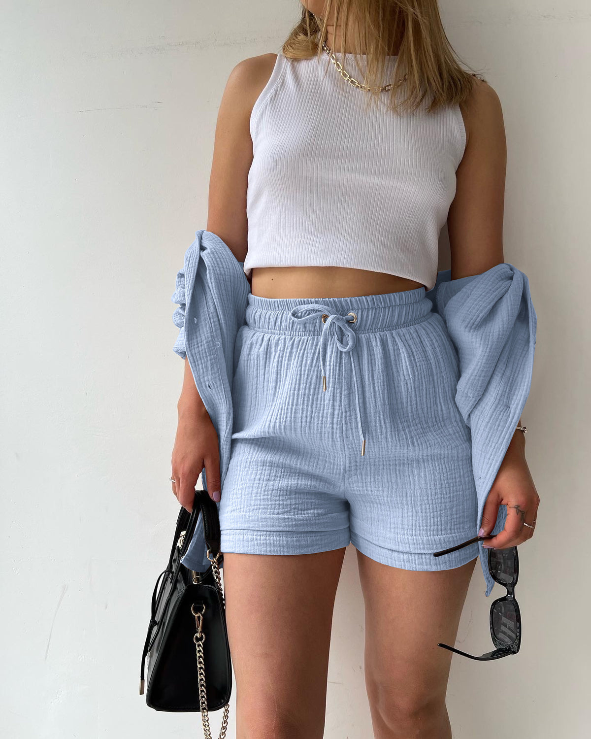 Women's Textured Shirt & Drawstring Shorts Matching Set