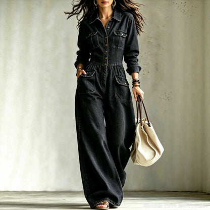 Denim Cargo Jumpsuit Women Long Sleeve Wide Leg Washed