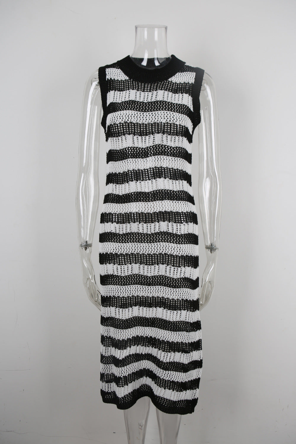 Striped Crochet Knit Maxi Dress Sleeveless Resort Cover Up