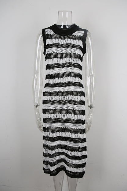 Striped Crochet Knit Maxi Dress Sleeveless Resort Cover Up