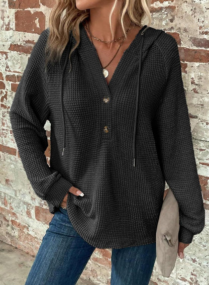 Women's Oversized Waffle Knit Hoodie V Neck Button Pullover