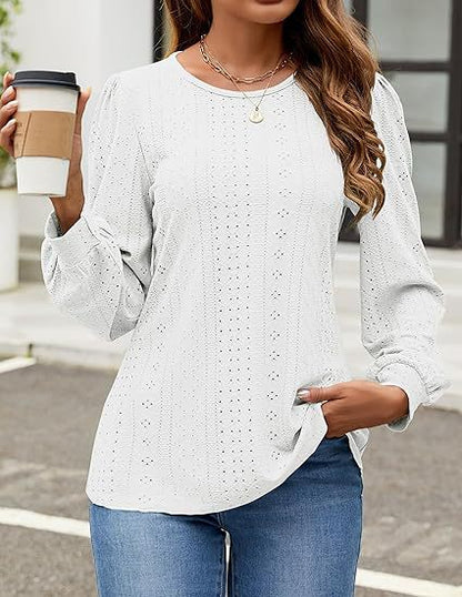 Solid Eyelet Lace Blouse Crew Neck Lantern Sleeve Top