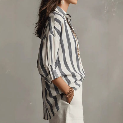 Women's Oversized Striped Collared Shirt Long Sleeve