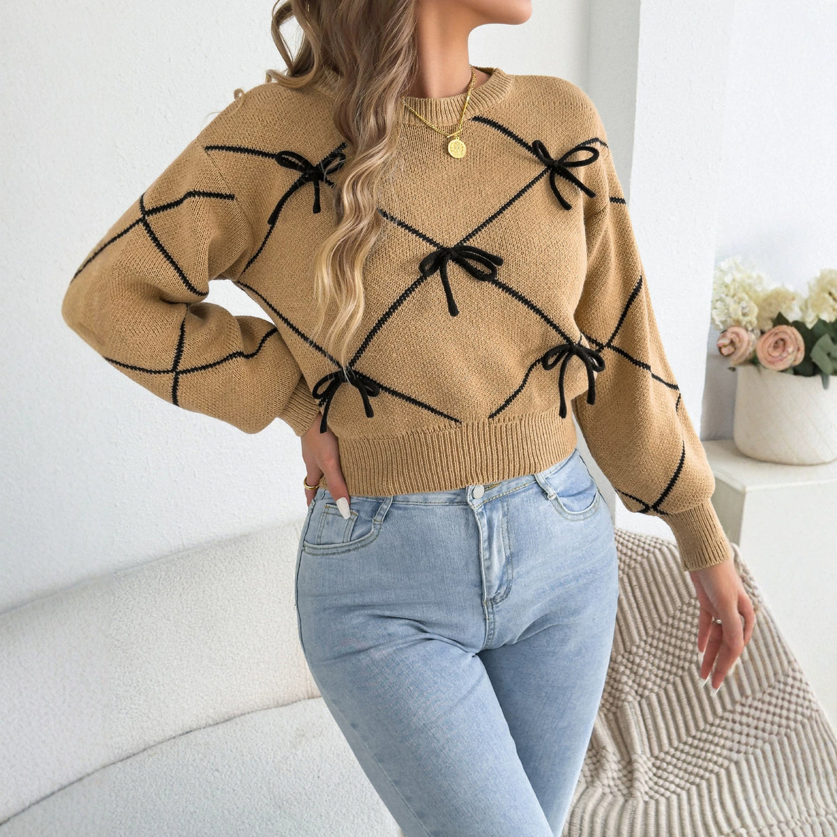 Women's Bow Sweater Crew Neck Fitted Puff Sleeve Knit Top