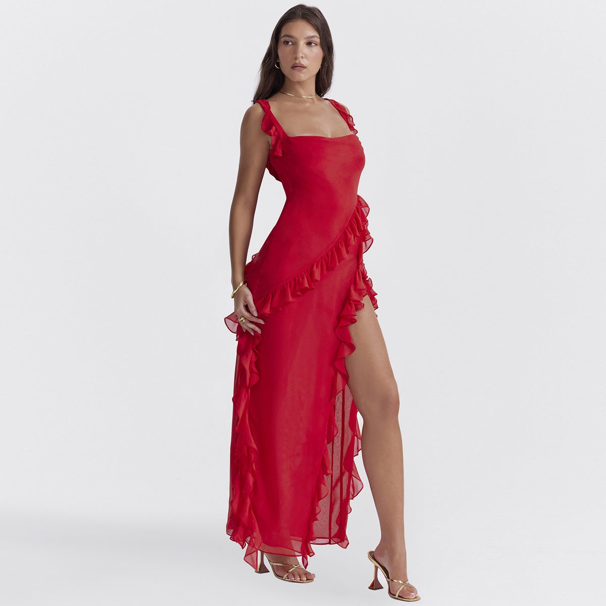 Women's Sexy Ruffle Maxi Dress Square Neck High Slit