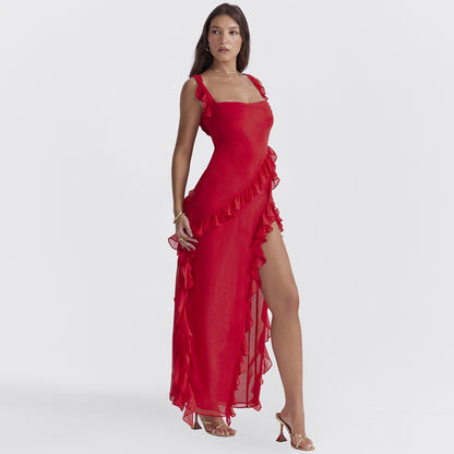 Women's Sexy Ruffle Maxi Dress Square Neck High Slit
