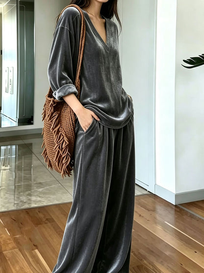 Women's Velvet V Neck Wide Leg Pants Two Piece Lounge Set