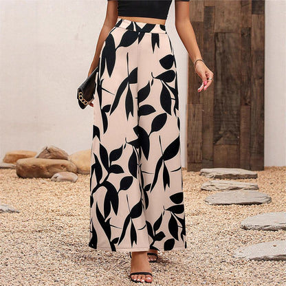 Women's Leaf Print Chiffon High Waist Wide Leg Pants