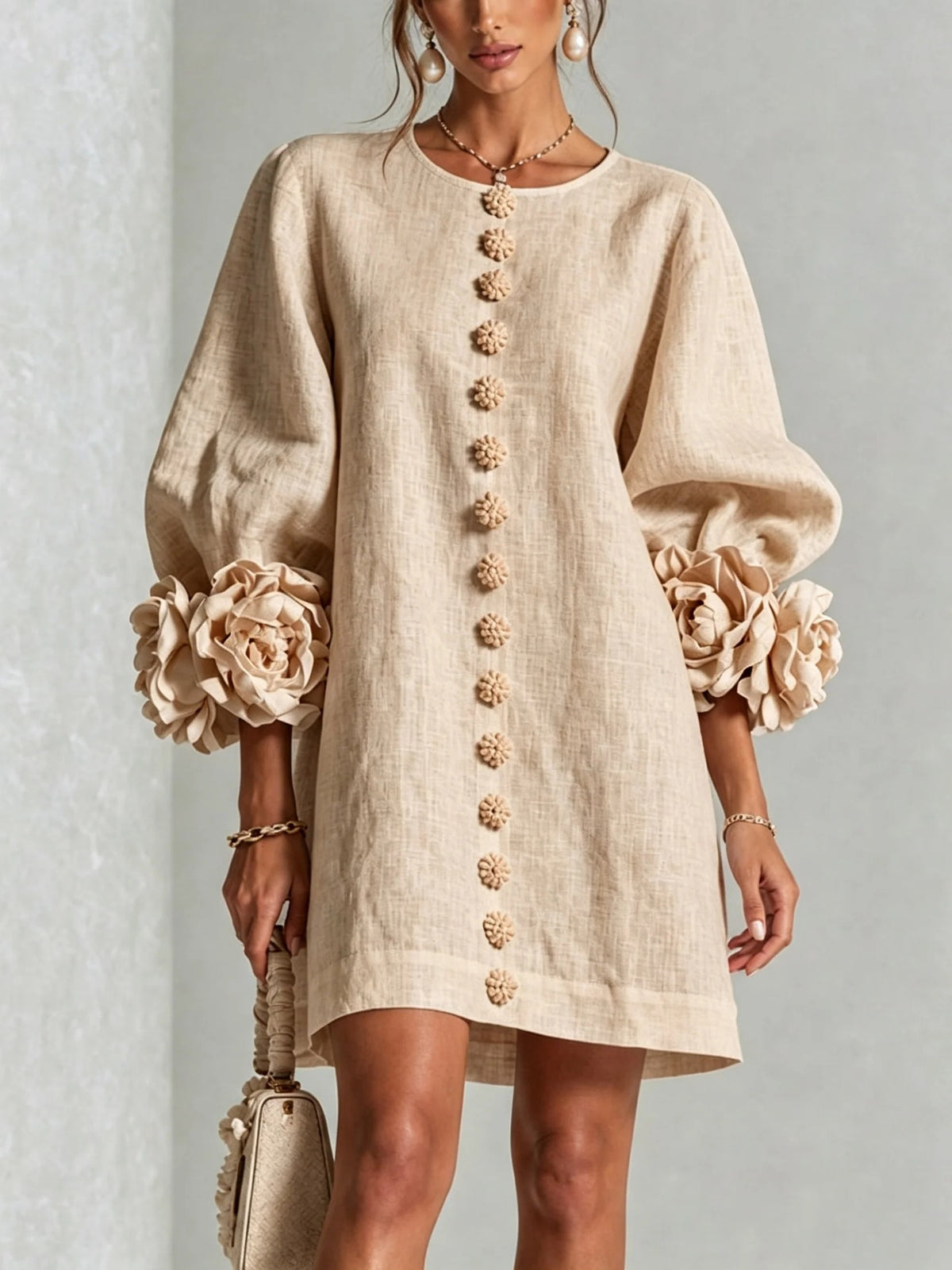 3D Floral Lantern Sleeve Mini Shift Dress
