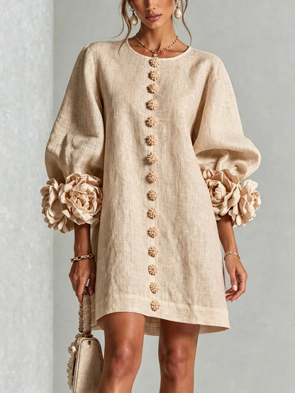 3D Floral Lantern Sleeve Mini Shift Dress