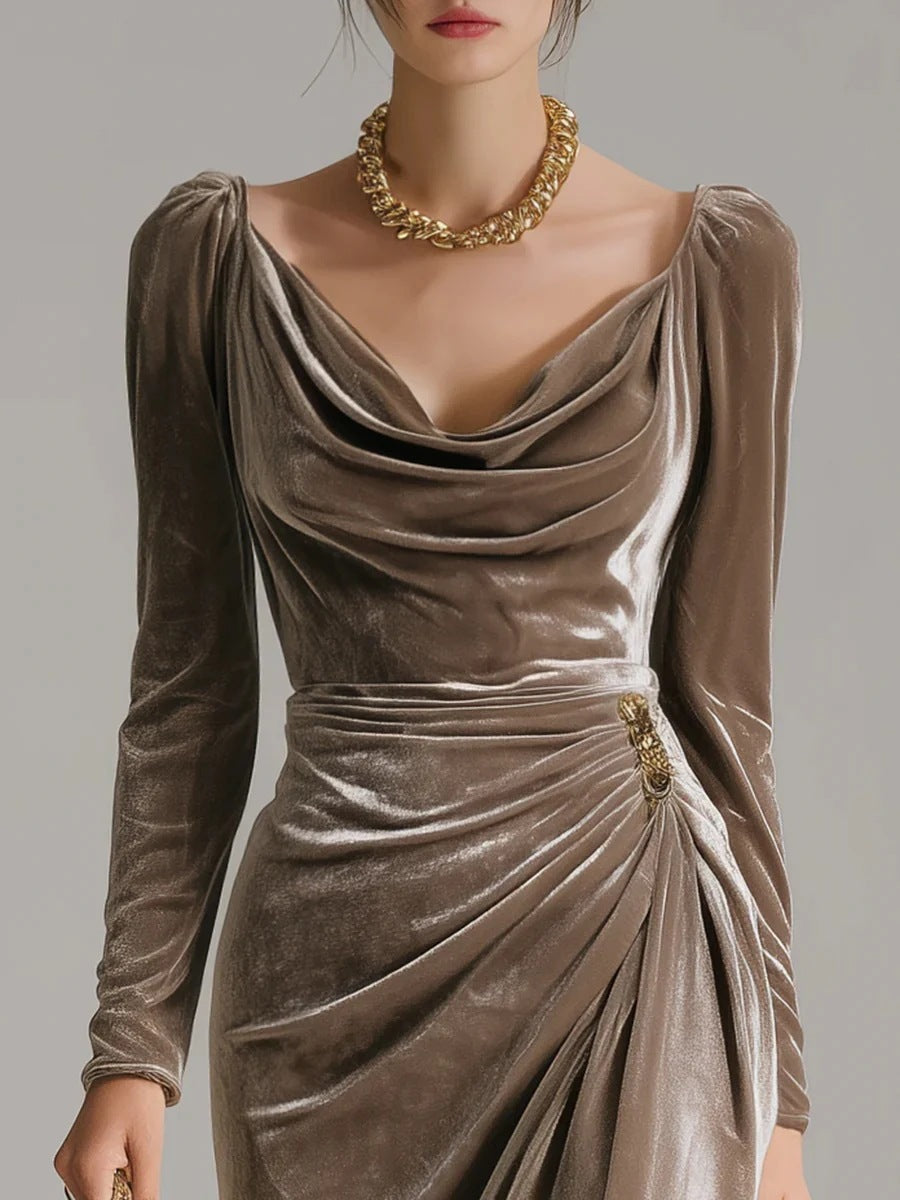 Sexy Velvet Ruched Long Sleeve Bodycon Midi Slit Dress