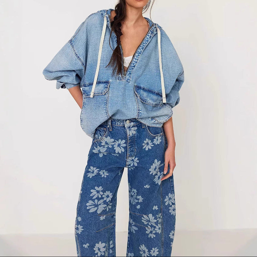 Oversized Washed Denim Hoodie Half Zip Jacket