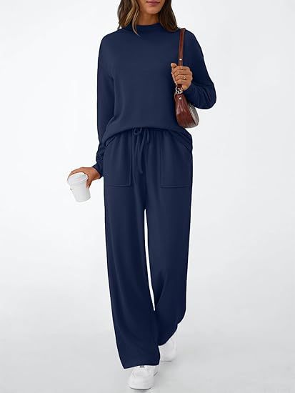 Women's Matching Lounge Set Mock Neck Wide Leg Pocket Pants