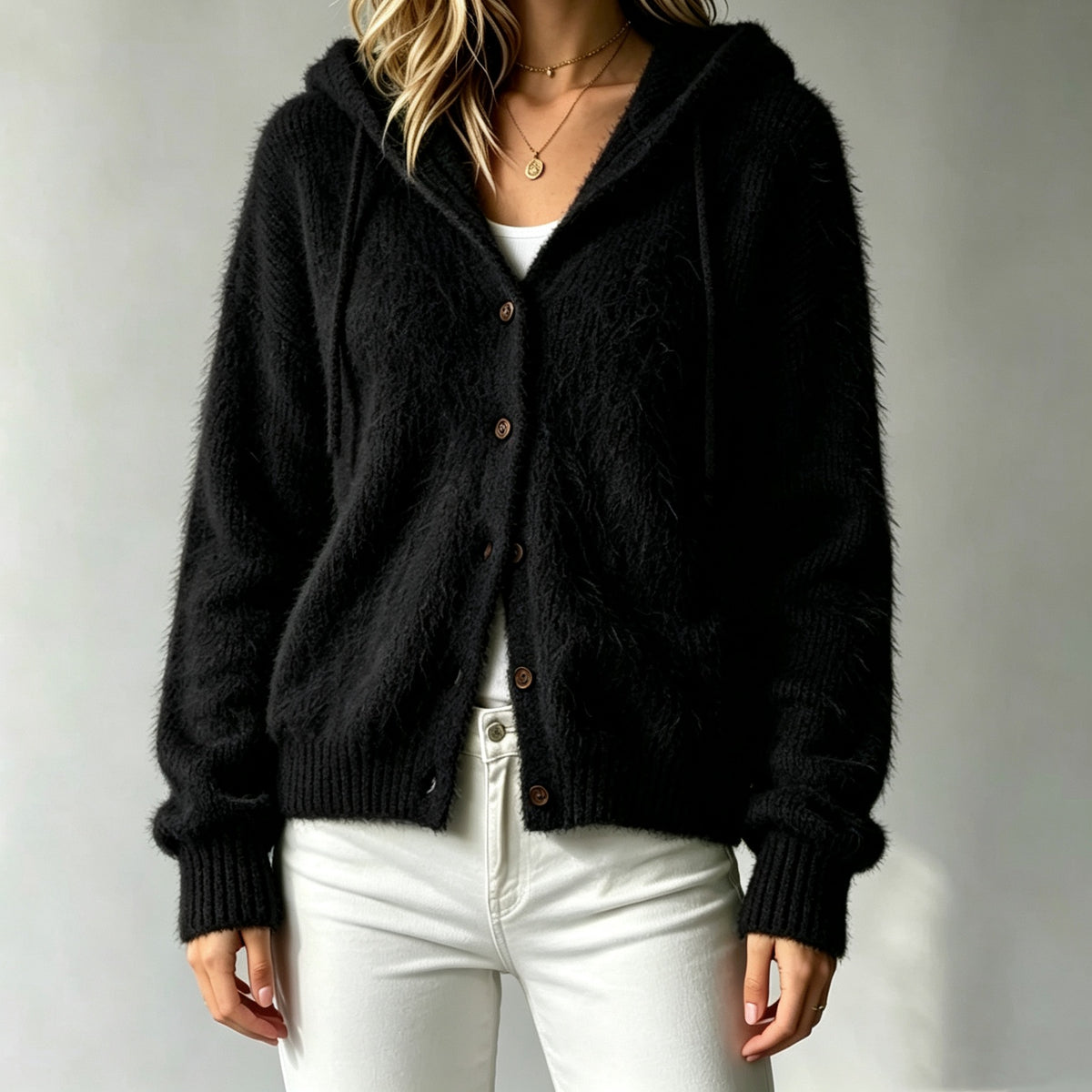 Women's Fuzzy Hooded Cardigan Button Up Soft Sweater
