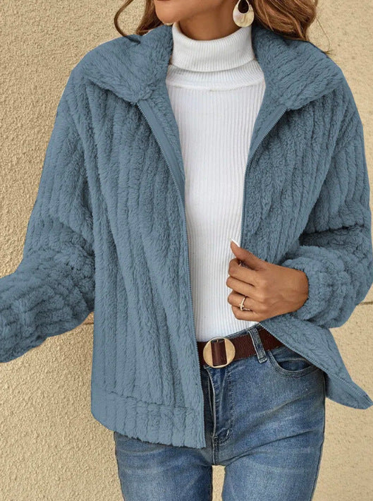 Women's Ribbed Sherpa Zip Up Jacket Collar Cropped