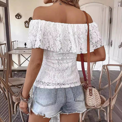 Scalloped Lace Off Shoulder Short Sleeve Tee