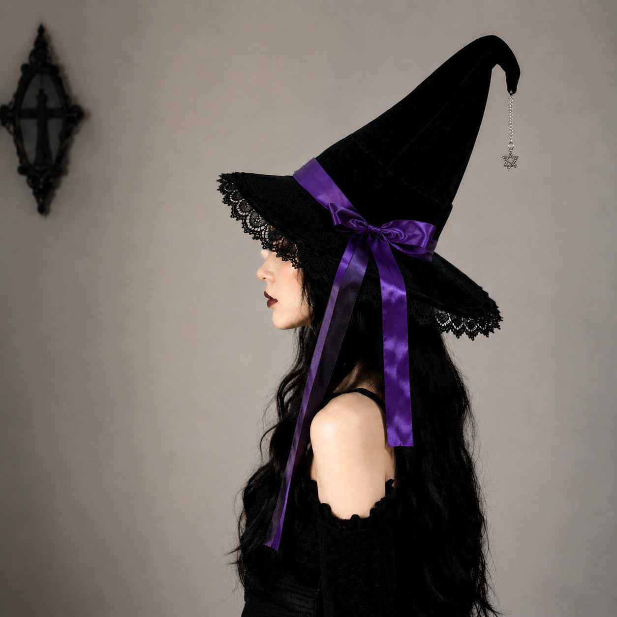 Gothic Velvet Witch Hat with Lace Brim and Satin Bow